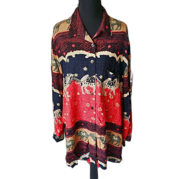 Vintage Boho Chic Camel Print Button-Up Shirt Sz 12 By S.L. Fashions Relaxed Fit - Picture 1 of 12